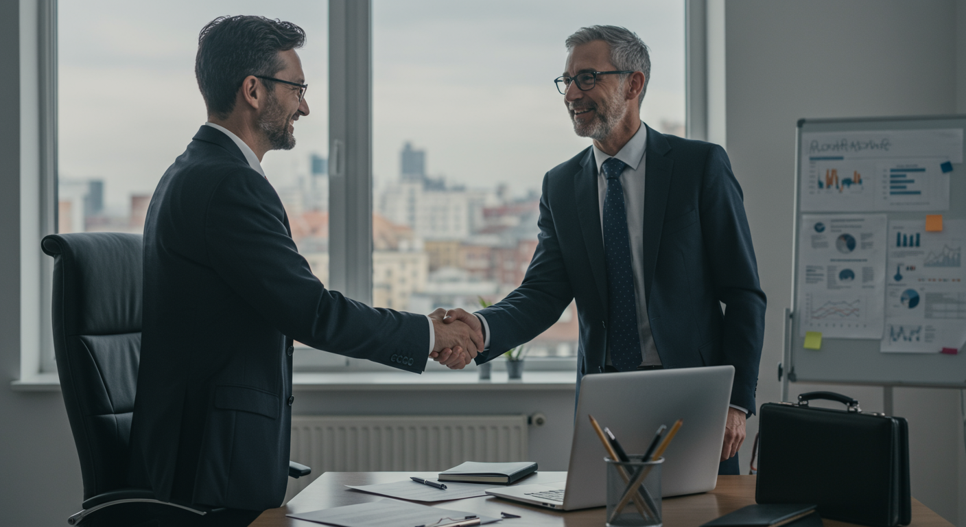 Mid-career professional celebrating a successful salary negotiation in a modern office. The image conveys confidence, financial growth, and professional achievement.