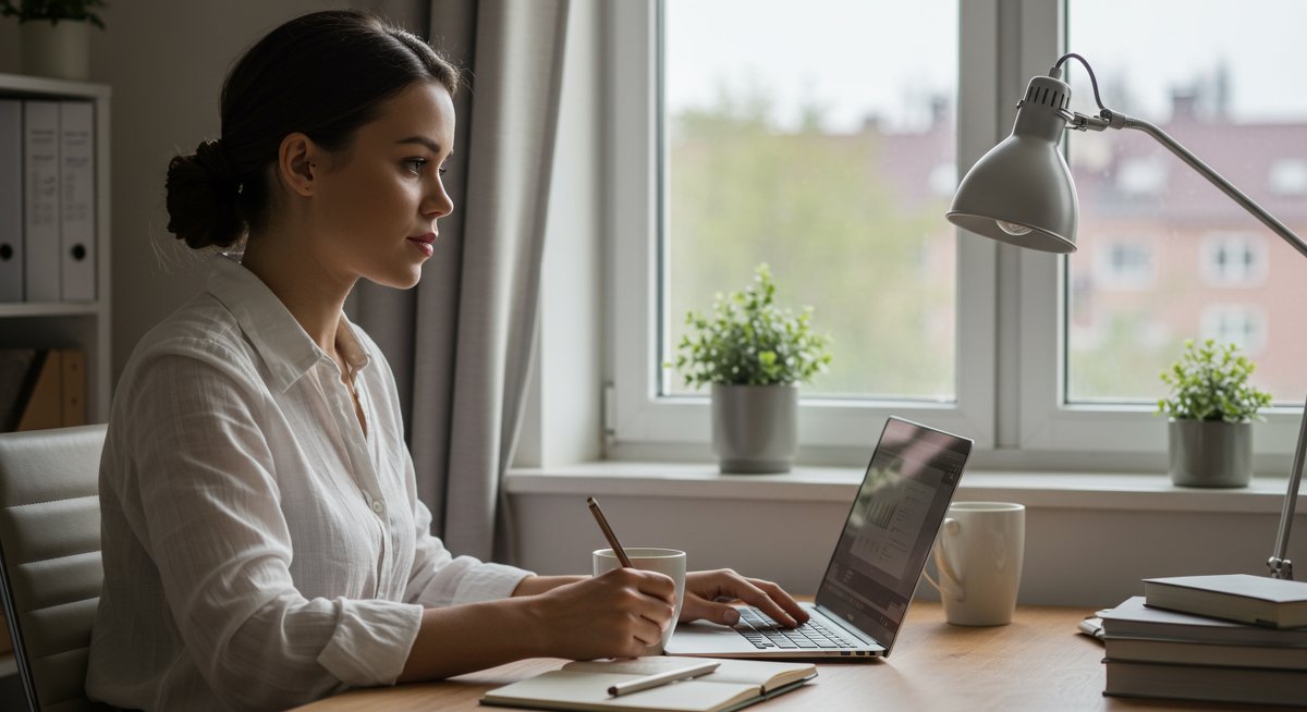 Professional woman demonstrating productive morning routine with organized workspace and focus