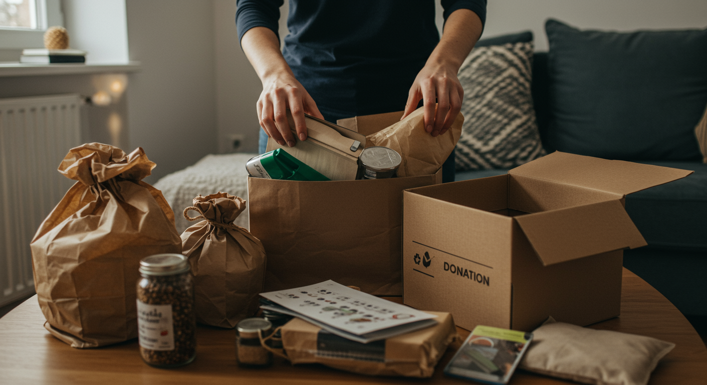 Person decluttering home, choosing items to donate, recycle, and compost, promoting sustainable living.