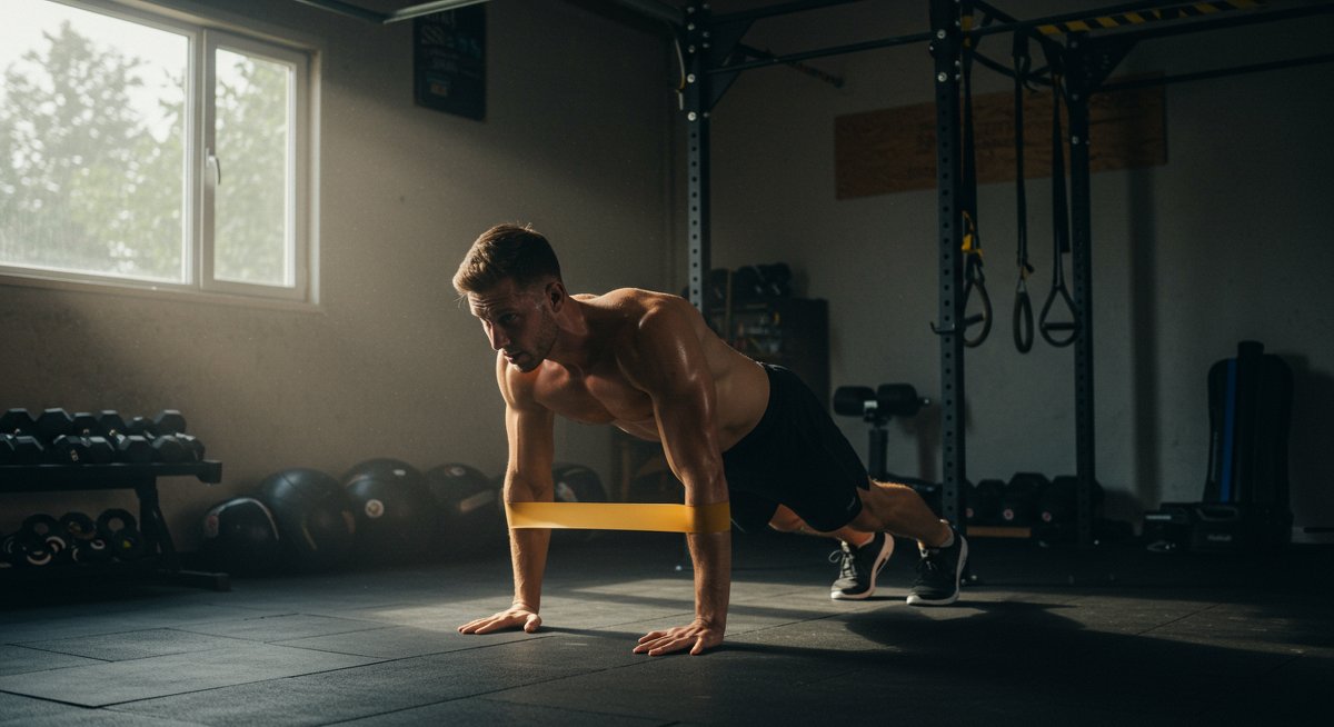 Intermediate fitness man doing burpees for fat loss workout in home garage gym with dumbbells and resistance bands