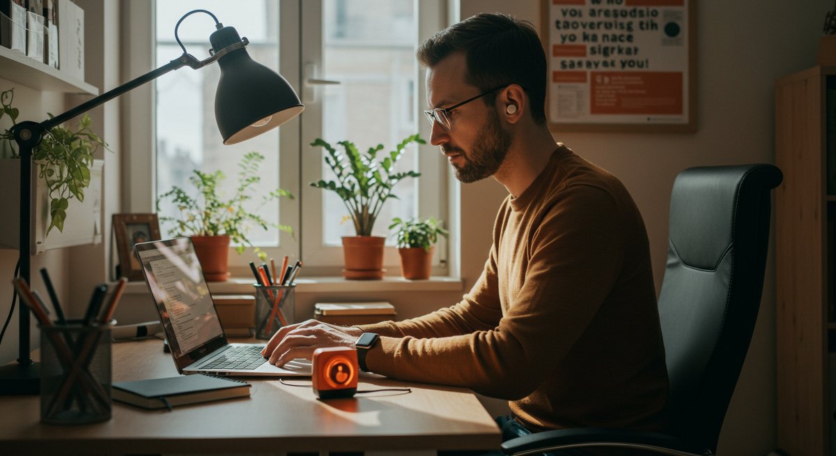 Professional time management visualization: Man using Pomodoro timer in organized home office with natural light and motivational elements