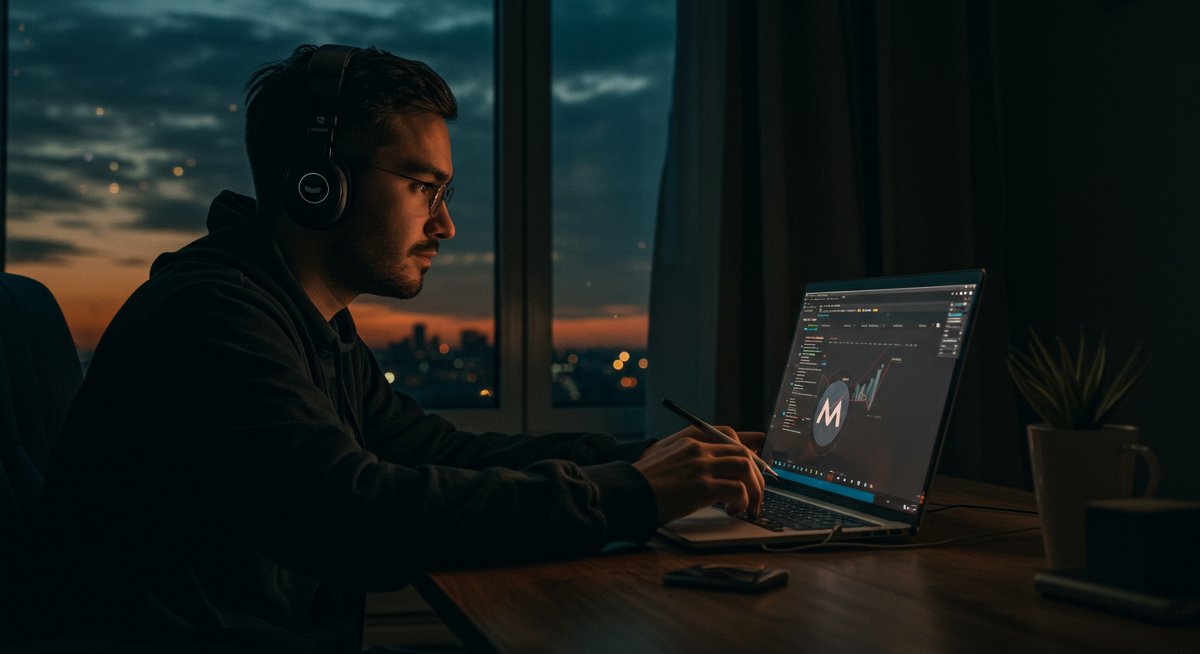 Beginner-friendly Monero swap guide featuring a male trader in trendy café with laptop and phone, emphasizing privacy and anonymity