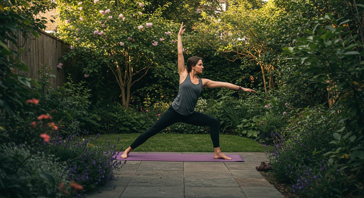 Person practicing yoga in a garden with natural lighting