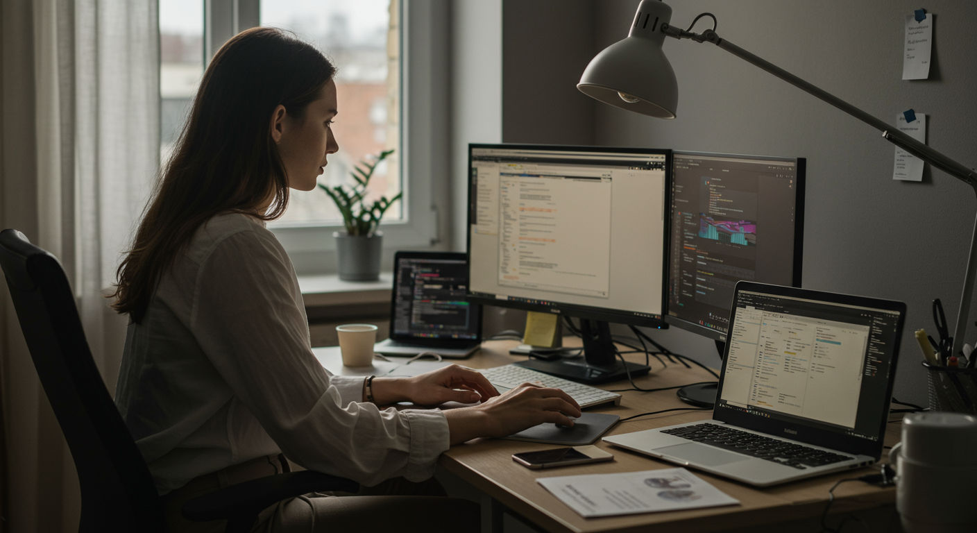 A professional working in a modern home office, demonstrating sustainable productivity with an organized workspace, ergonomic setup, and time management tools.