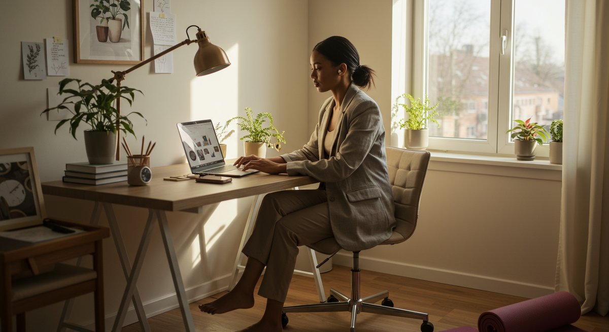 Confident professional woman in modern home office with Pomodoro timer, ergonomic setup, and natural light showing focus and energy management