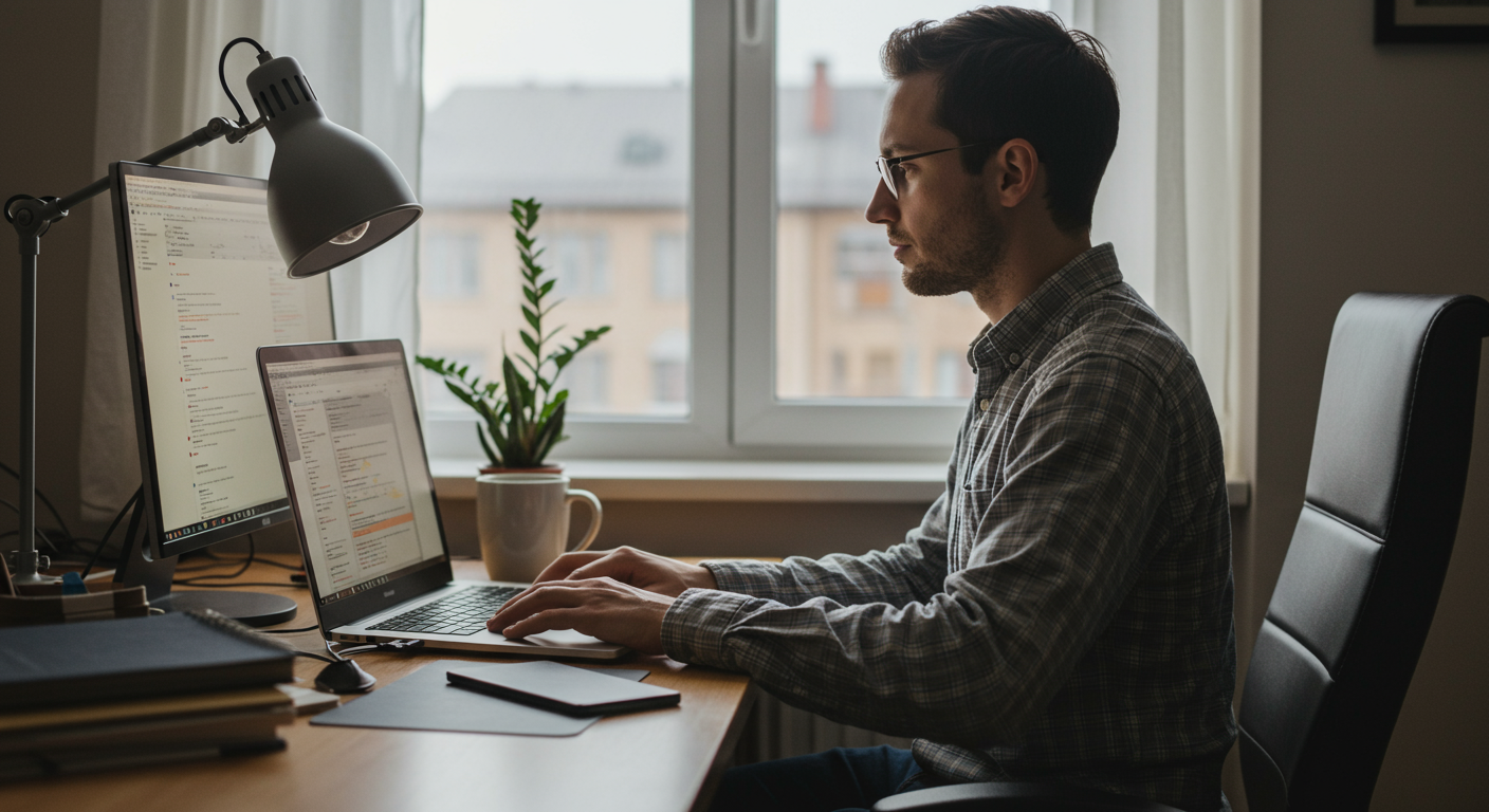 A person at a desk with a laptop and coffee, engaged in a morning deep work session in a home office setting, highlighting focus and productivity with natural lighting and an organized workspace.