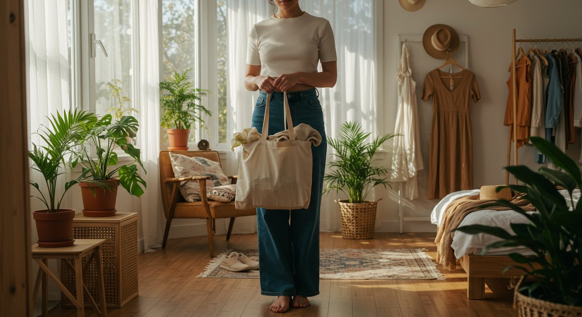 Ethical fashion empowerment: A woman selects sustainable clothing items in a minimalist bedroom setting with natural light and earthy tones