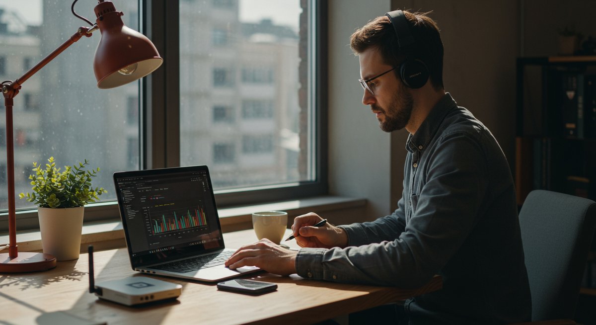 Digital nomad using affordable internet solutions in a modern workspace with connectivity metrics displayed