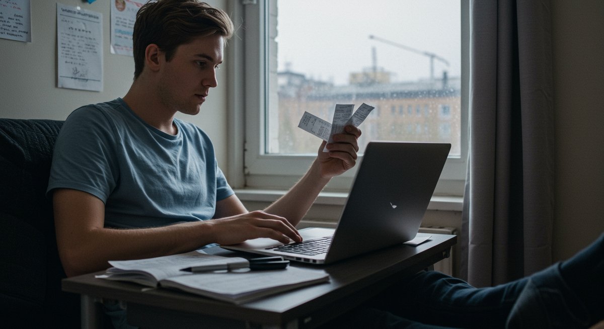 Student budgeting in dorm room with laptop and receipts