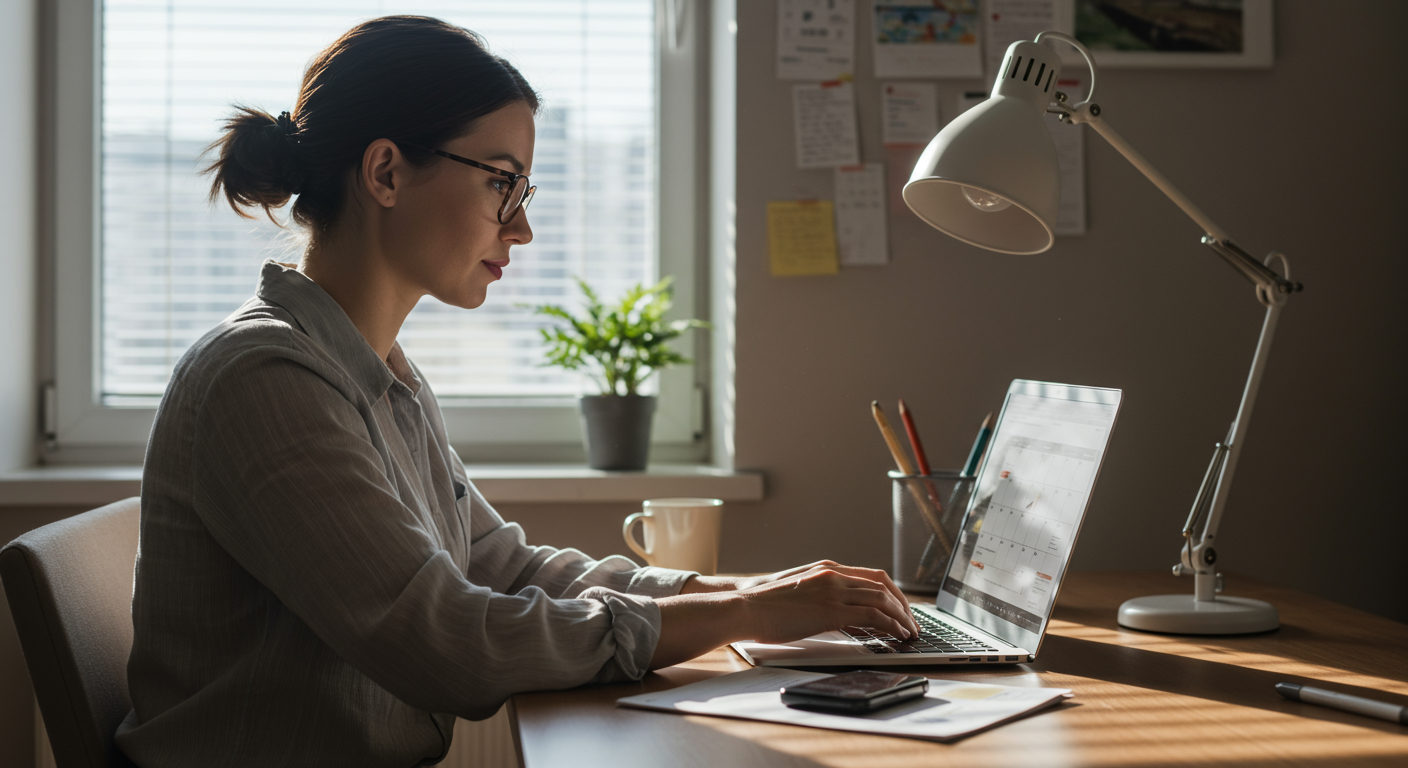 A professional working at a desk with a laptop, organized workspace, and digital calendar, illustrating the concept of task batching for increased efficiency.