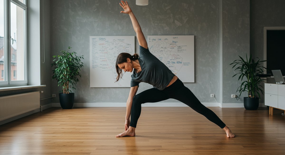 Desk worker practicing yoga pose for posture correction in modern office environment.