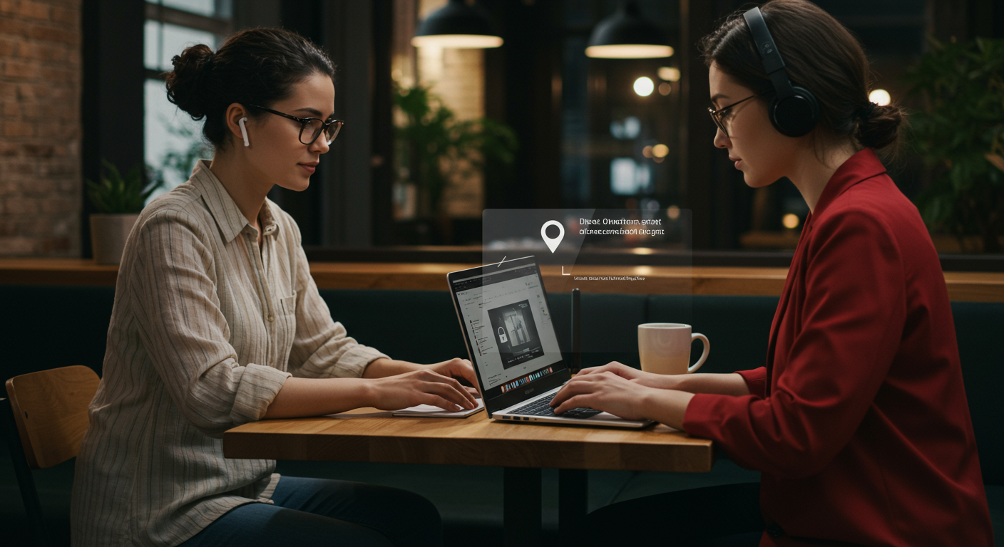 A woman working securely in a co-working space, demonstrating cybersecurity best practices for digital nomads.