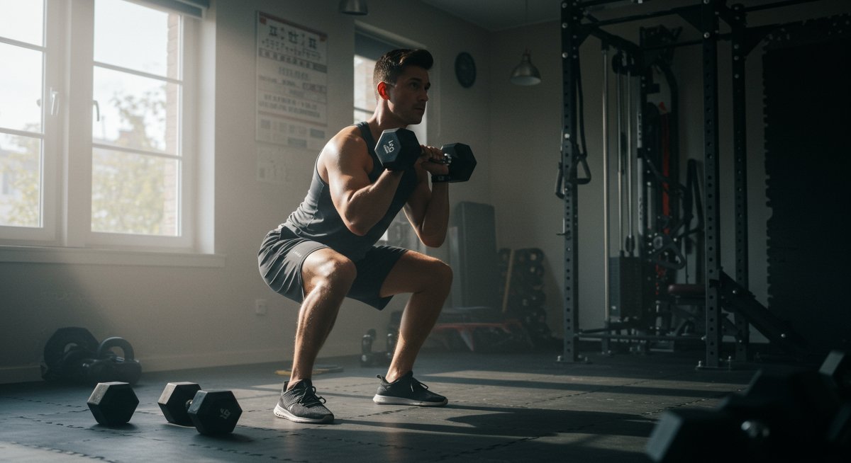 Person doing squats with dumbbells in home gym with natural lighting