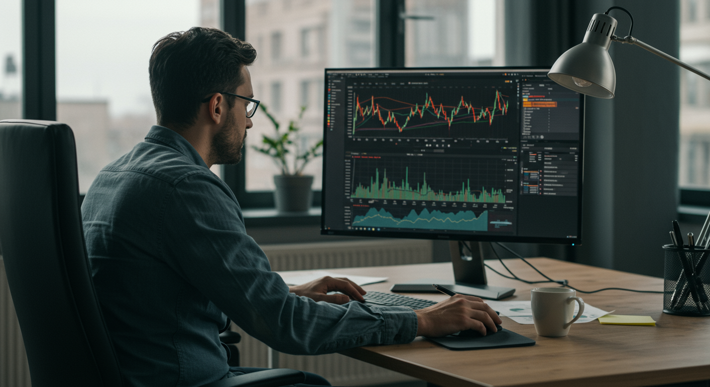 International crypto trader analyzing Bitcoin price charts and trading data for optimal sell timing
