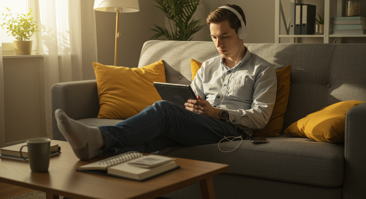 Young professional working remotely on a tablet in a living room, using noise-canceling headphones, with a planner and Pomodoro timer. Focus on remote productivity for beginners.