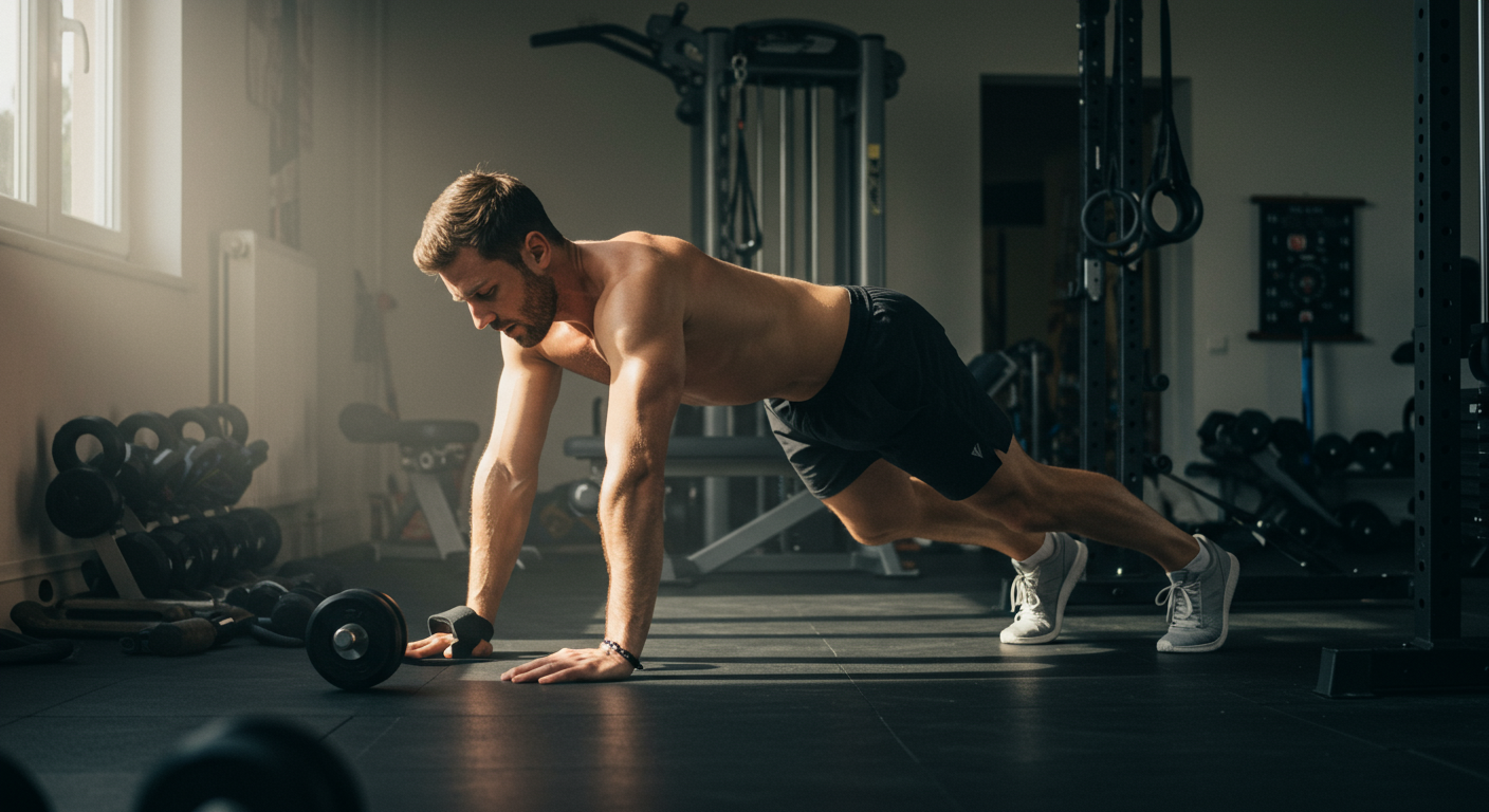 Man exercising in his home gym with natural light and serious fitness goals