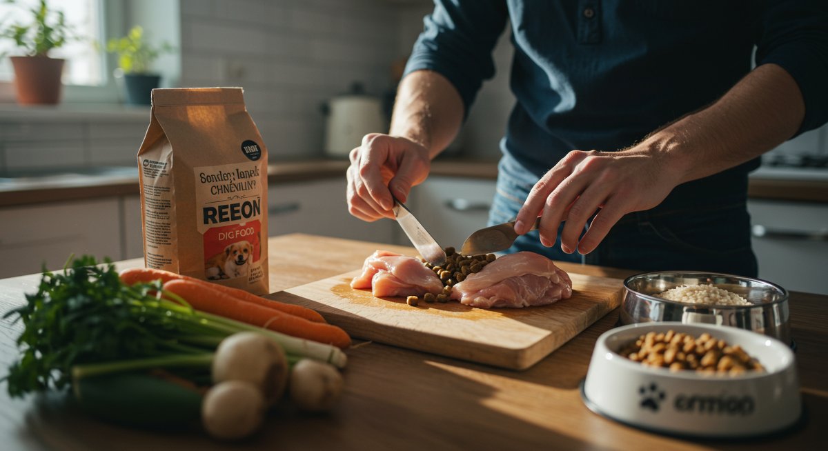 Man cooking homemade dog food with fresh ingredients in a bright kitchen, preparing healthy meals for pets.
