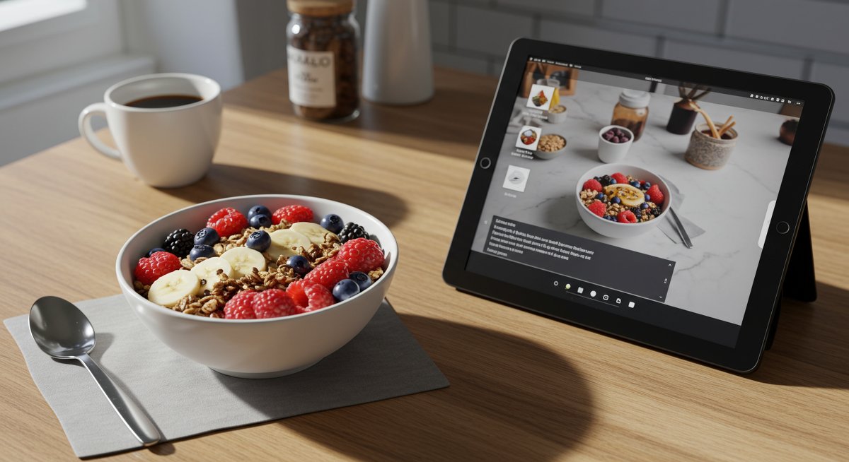 Healthy breakfast bowl with berries and granola, recipe tablet, modern kitchen.