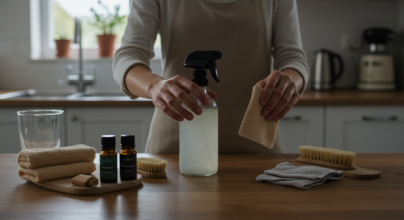 Person refilling a reusable spray bottle with homemade cleaning solution in a sustainable kitchen. Eco-friendly cleaning products, natural ingredients, and minimalist design.