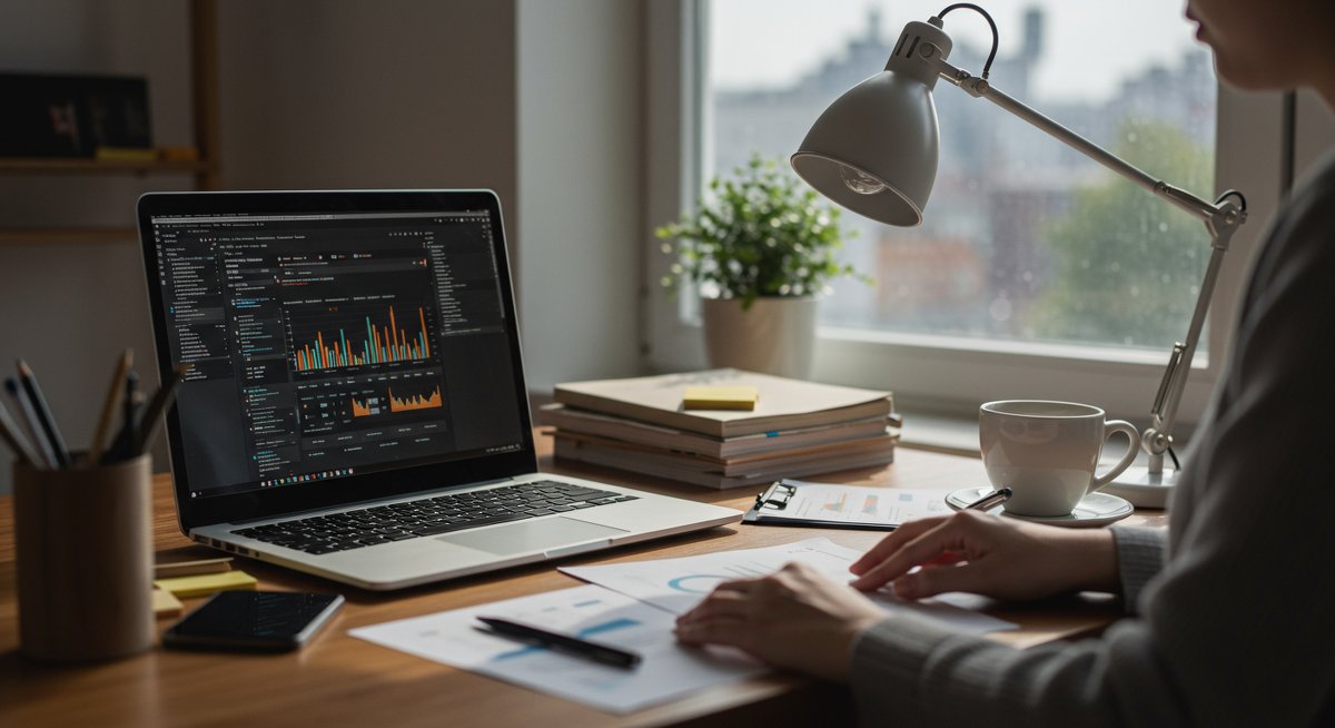 Digital nomad working from a modern co-working space with financial documents and tax strategy charts visible