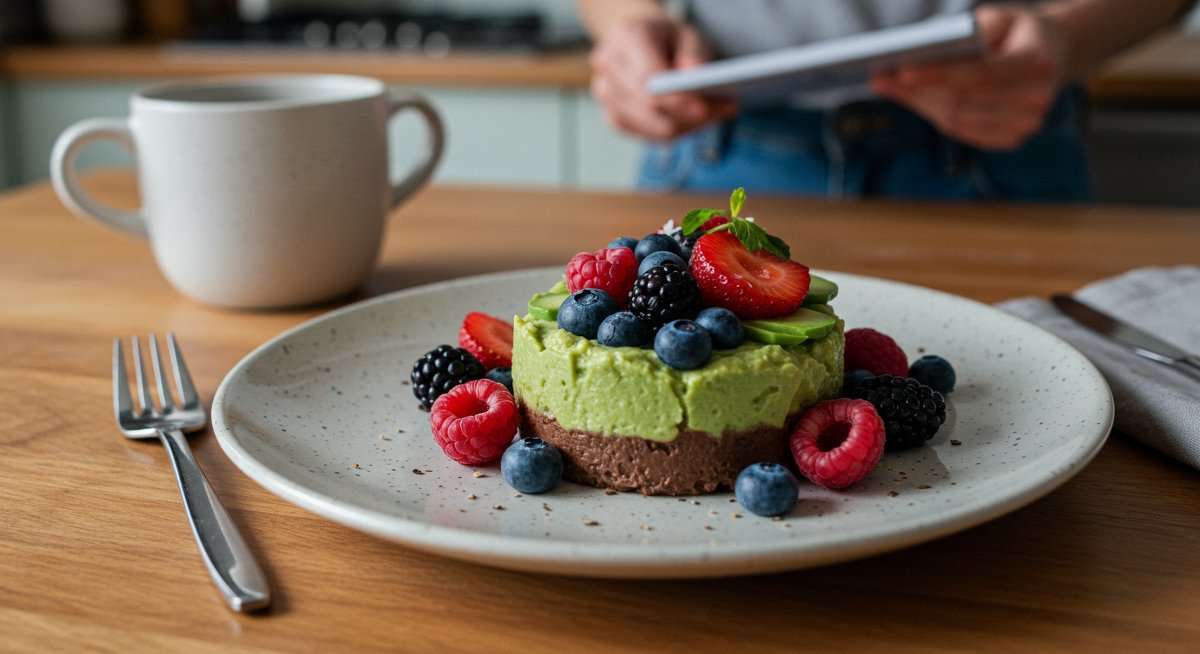 Delicious vegan dessert with chocolate avocado mousse, fresh berries, and edible flowers in modern kitchen setting