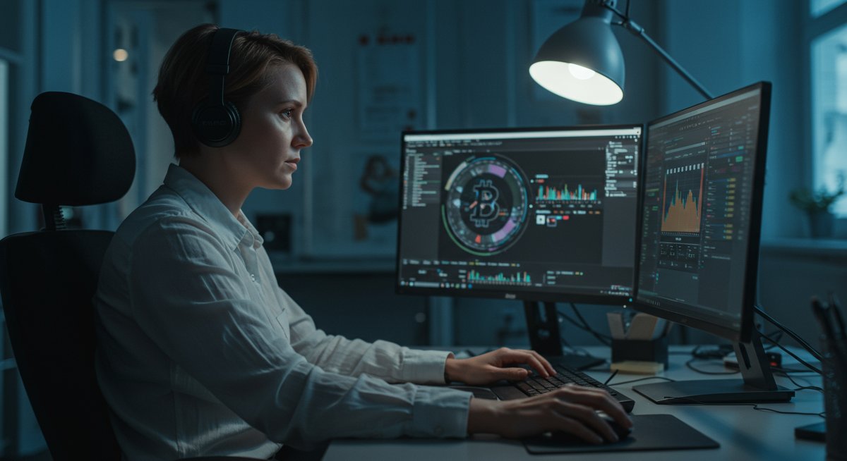 Experienced crypto trader analyzing low-fee swap strategies in modern workspace