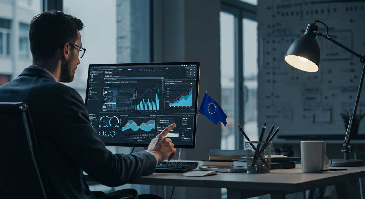 European P2P lending risk management: Professional risk analysis dashboard with regulatory compliance metrics in modern office environment