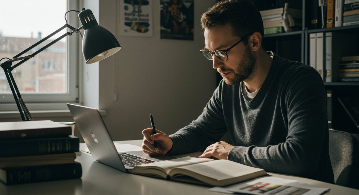 Student mastering Pomodoro Technique with timer, laptop, and books in modern study setup