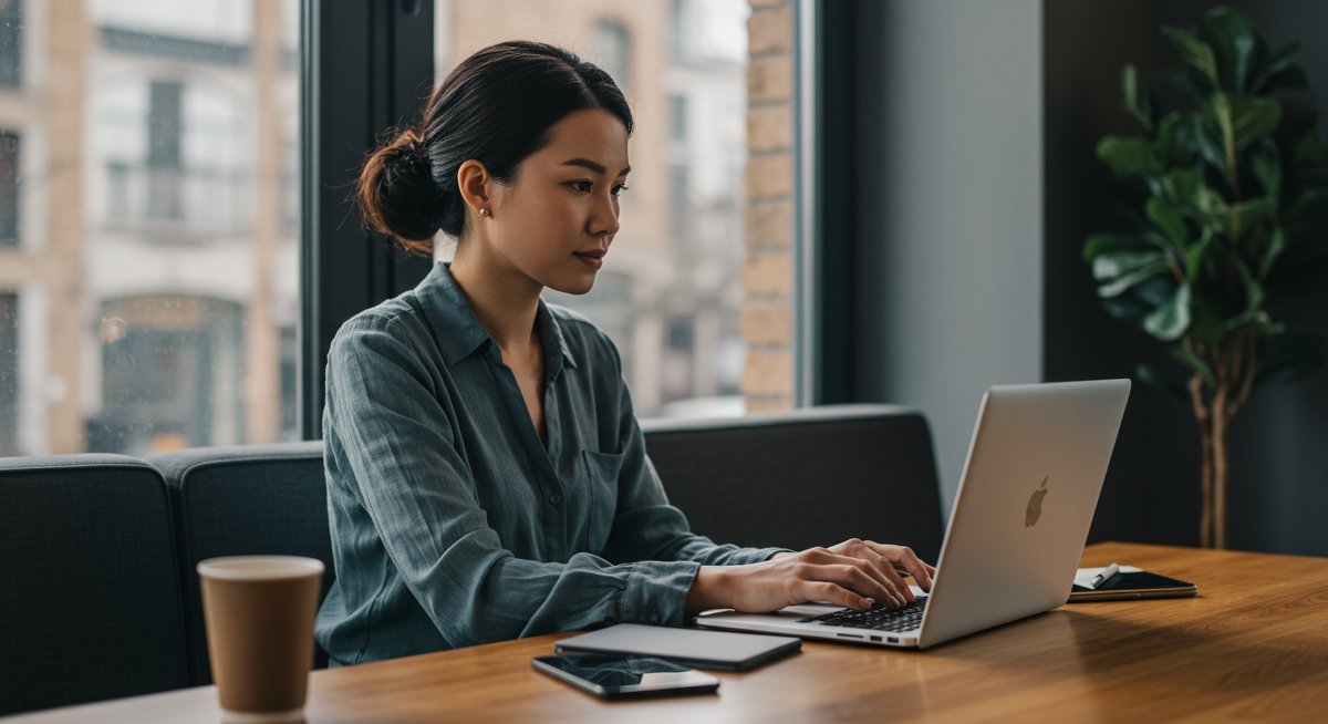 Digital nomad woman working productively in a clean, modern co-working space