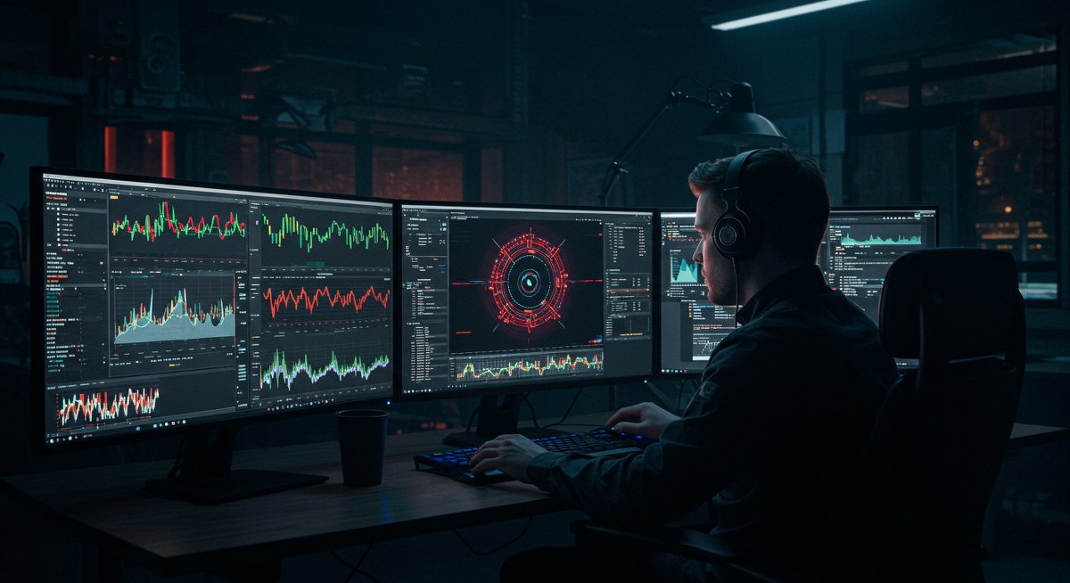 Crypto trader analyzing Ethereum ETF accumulation patterns on advanced trading screens in a tech-filled workspace