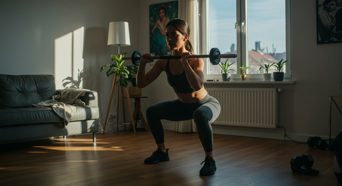 Student-friendly home workout in small apartment space showing effective no-equipment exercise with natural lighting and motivational atmosphere