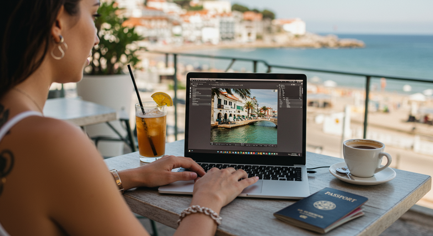 Woman working remotely at a beachside cafe in Lisbon, Portugal, with a laptop, showcasing the digital nomad lifestyle.