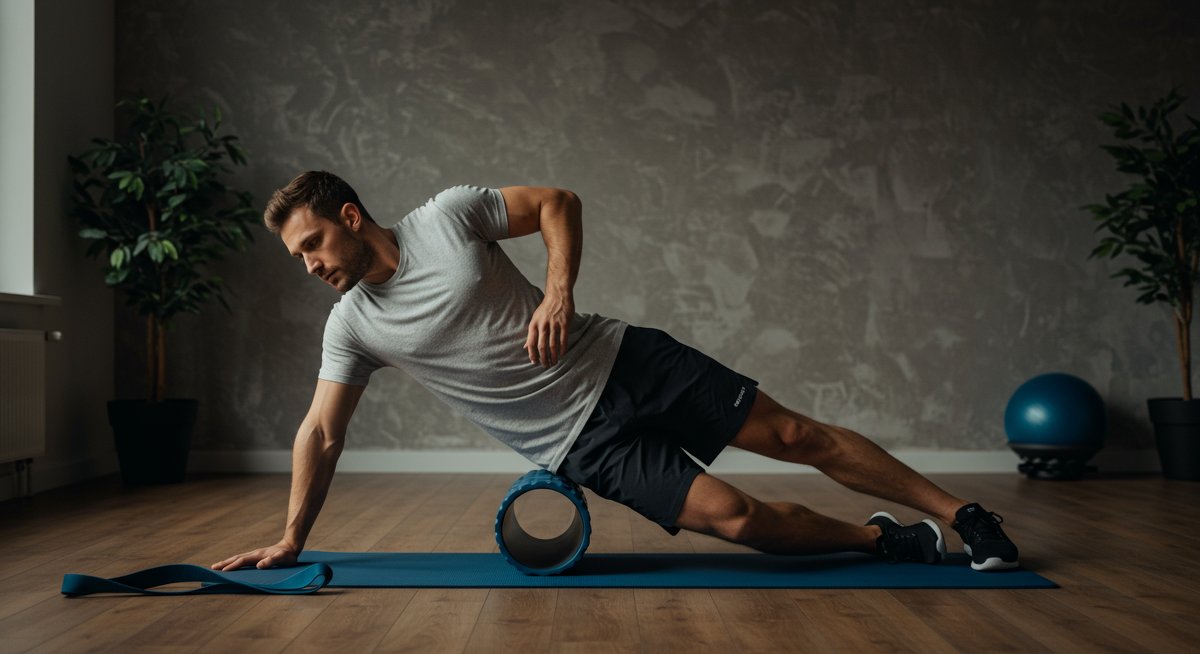 Professional foam rolling technique illustration showing muscle recovery at home with modern home fitness setup