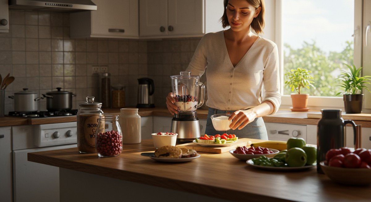 High-protein breakfast preparation with Greek yogurt, berries, and nuts in a modern kitchen