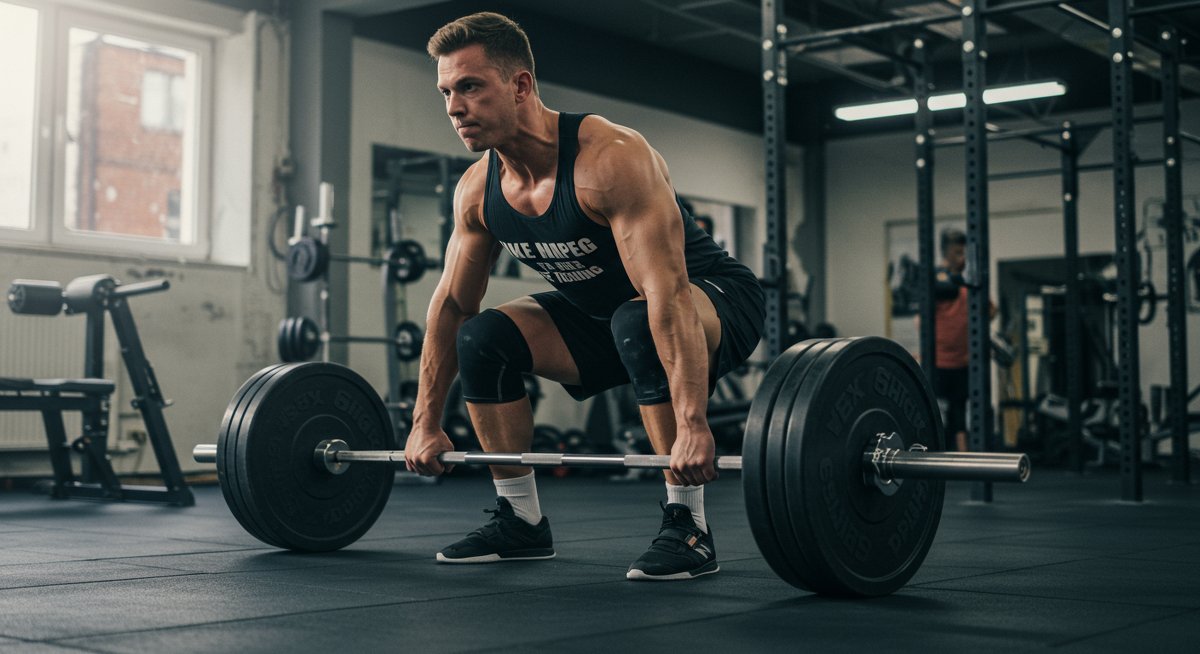 Person doing deadlifts in gym with dramatic lighting