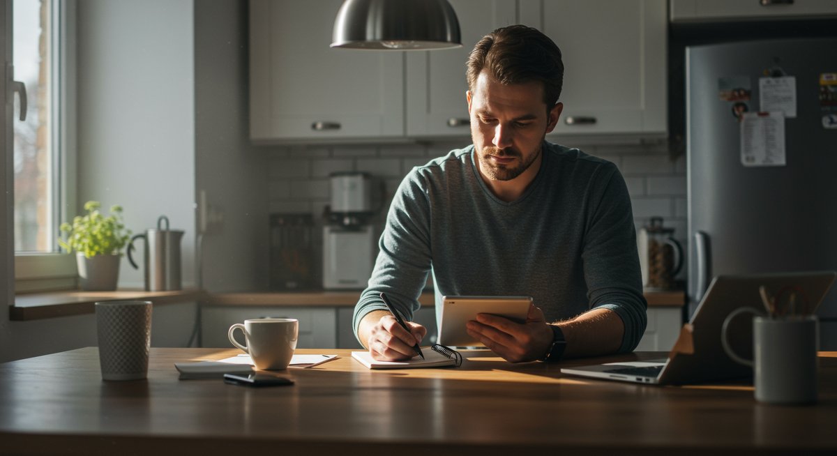 Minimalist finances 2025: A man creating a budget in a clean kitchen with notebook and tablet, emphasizing conscious spending and debt-free living.