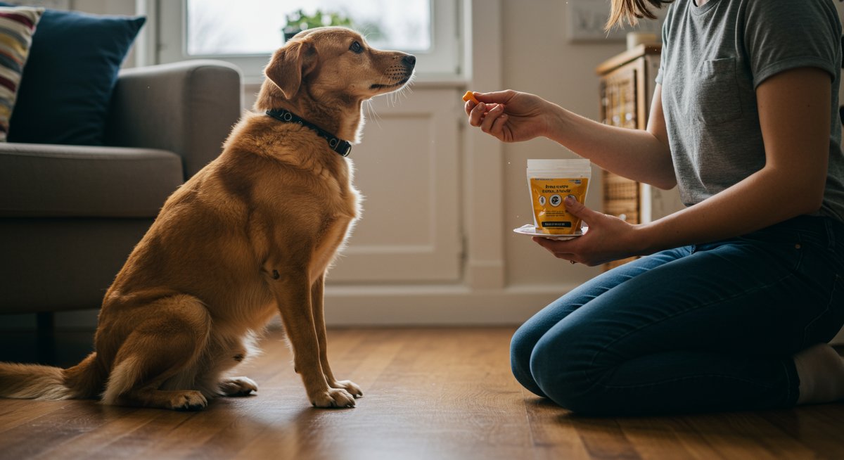Experienced dog owner training their dog to greet guests politely with positive reinforcement.