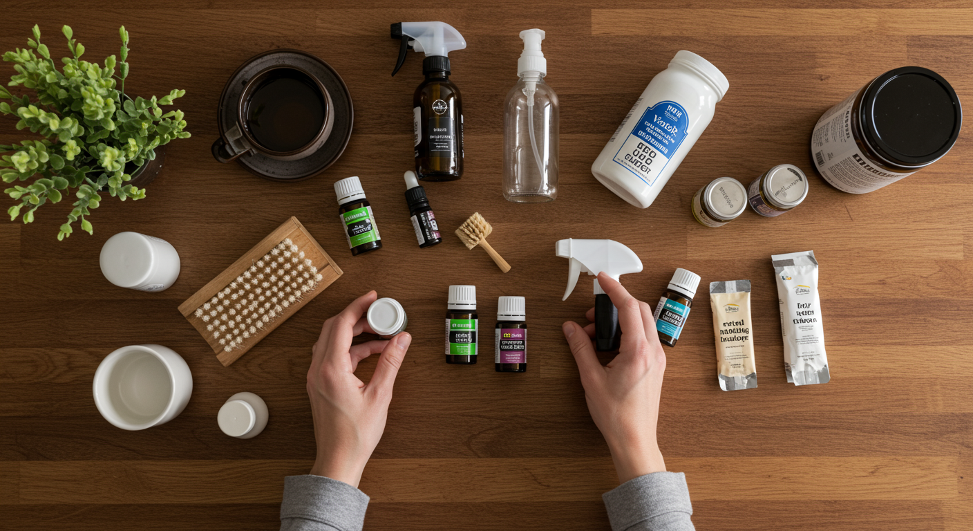 Person making DIY natural cleaning products with glass spray bottles, essential oils, vinegar, and baking soda. Focus on homemade eco-friendly cleaning solutions for a sustainable home.