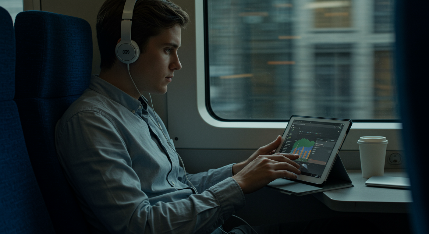 Commute productivity: A professional uses a tablet on a train to manage time effectively, maximizing productivity during travel.
