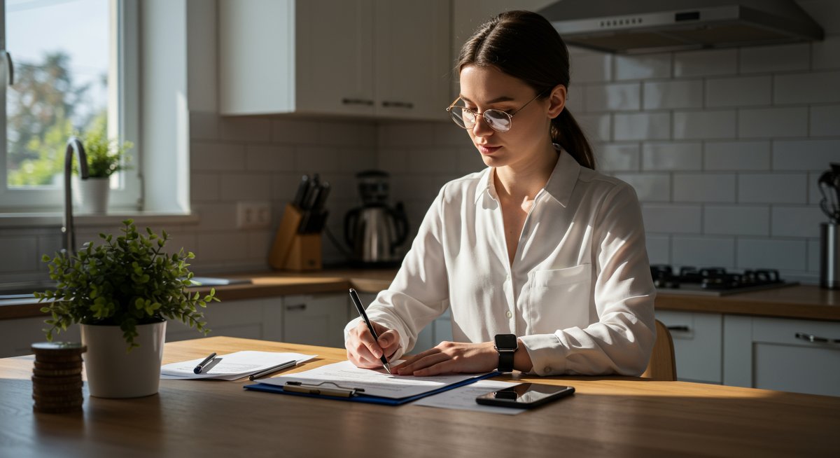 Experienced budgeter managing emergency fund with organized financial documents in modern kitchen setting