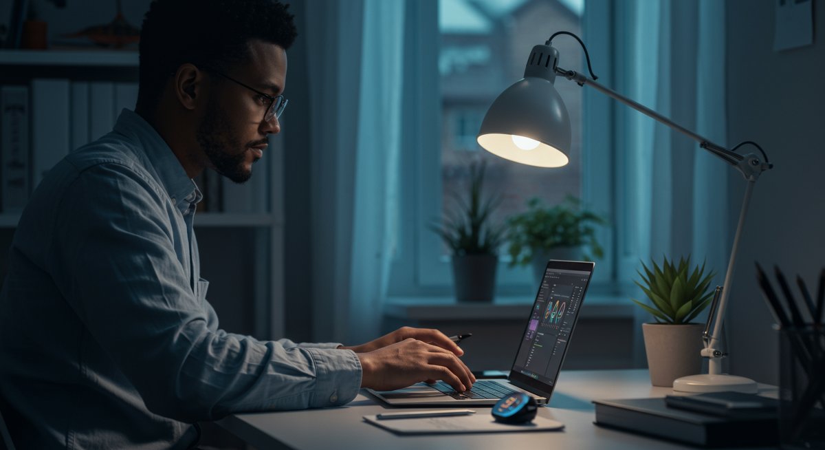 Professional illustration of a focused man using Pomodoro technique in modern workspace