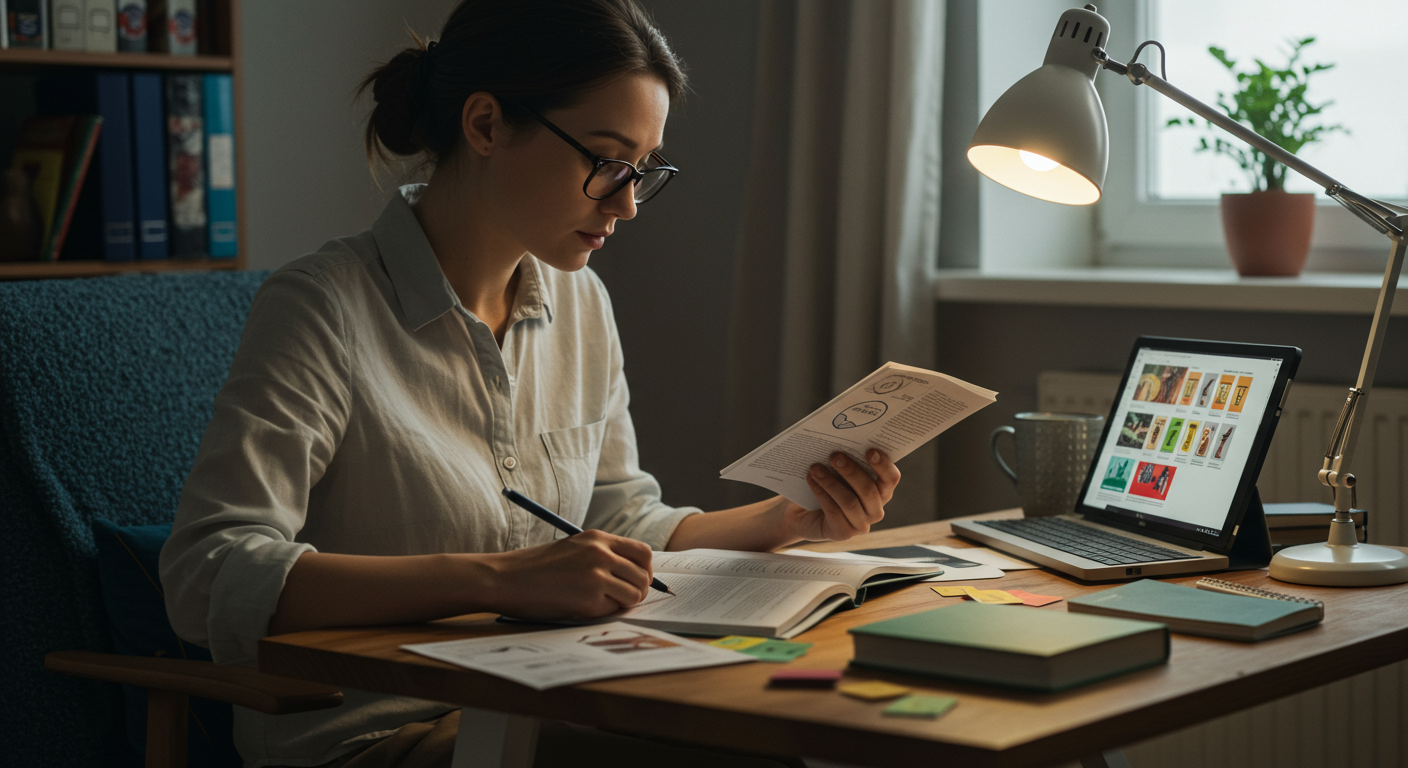 Adult learner using flashcards and a tablet to study a new language in a cozy home environment, emphasizing focused learning and language fluency strategies.