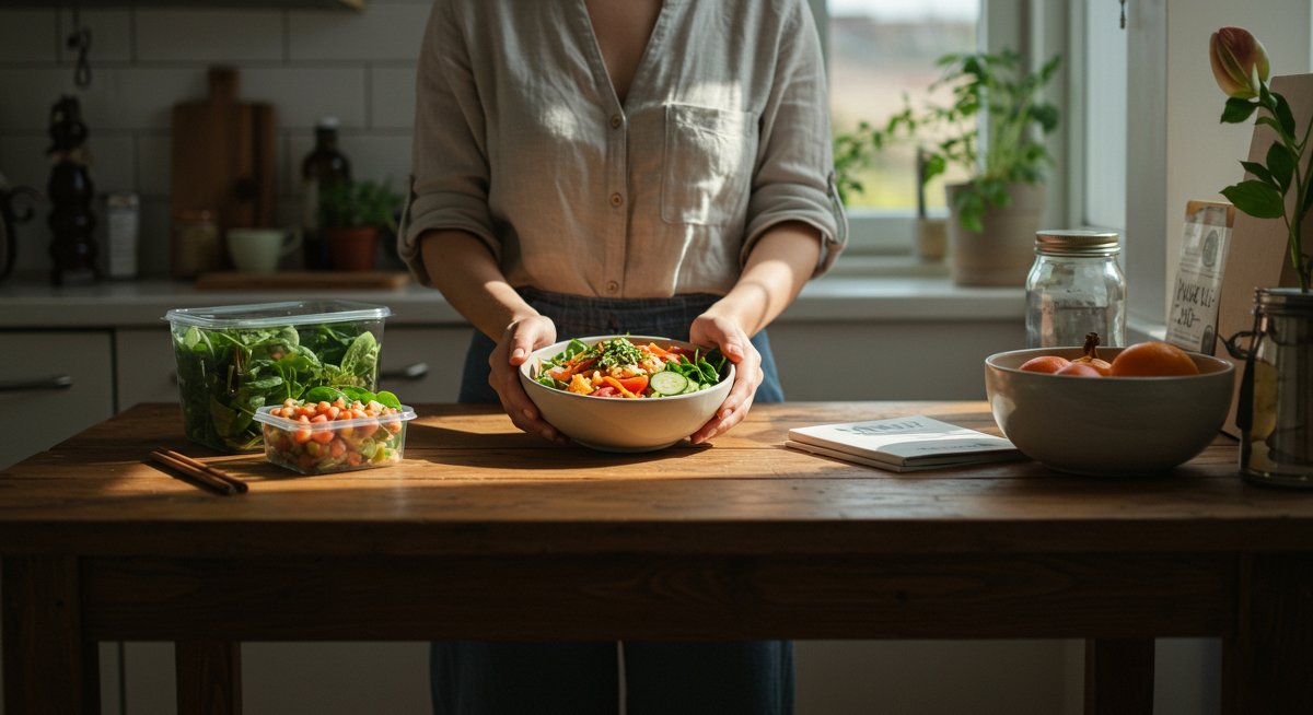 Plant-powered meal with fresh produce, reusable containers, and compost bin in a natural kitchen setting