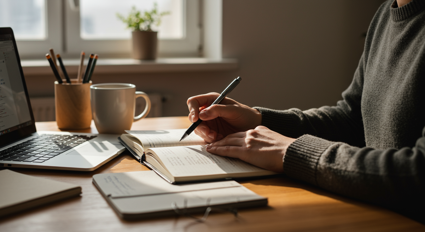 A person using a physical planner and pen for analog productivity, with a laptop in the background and a Pomodoro timer on desk.