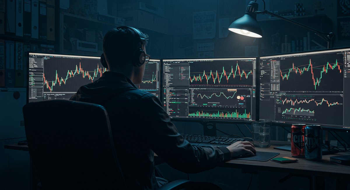 Bitcoin trading analysis in a high-tech crypto setup with dual screen monitoring and hardware wallet presence
