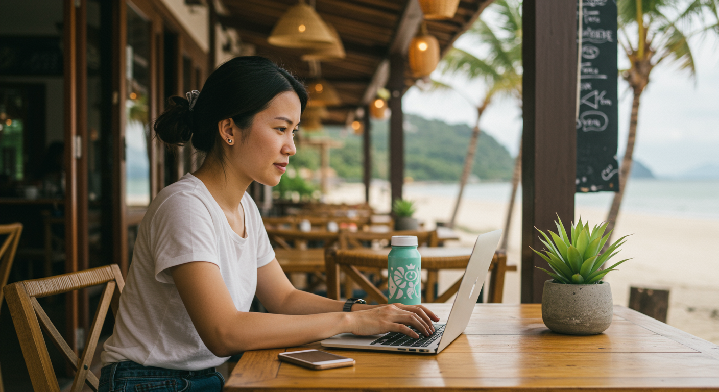 Female digital nomad working at a beachside cafe, promoting sustainable travel and eco-friendly practices.