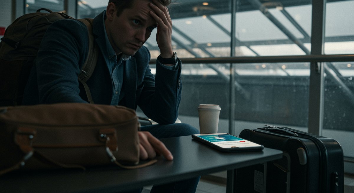 Lost debit card emergency: Male traveler using phone to report lost card at airport lounge with suitcase and travel documents