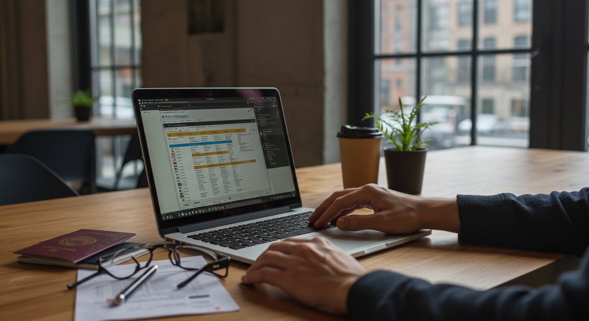 Digital nomad managing finances with spreadsheet and travel essentials in modern workspace
