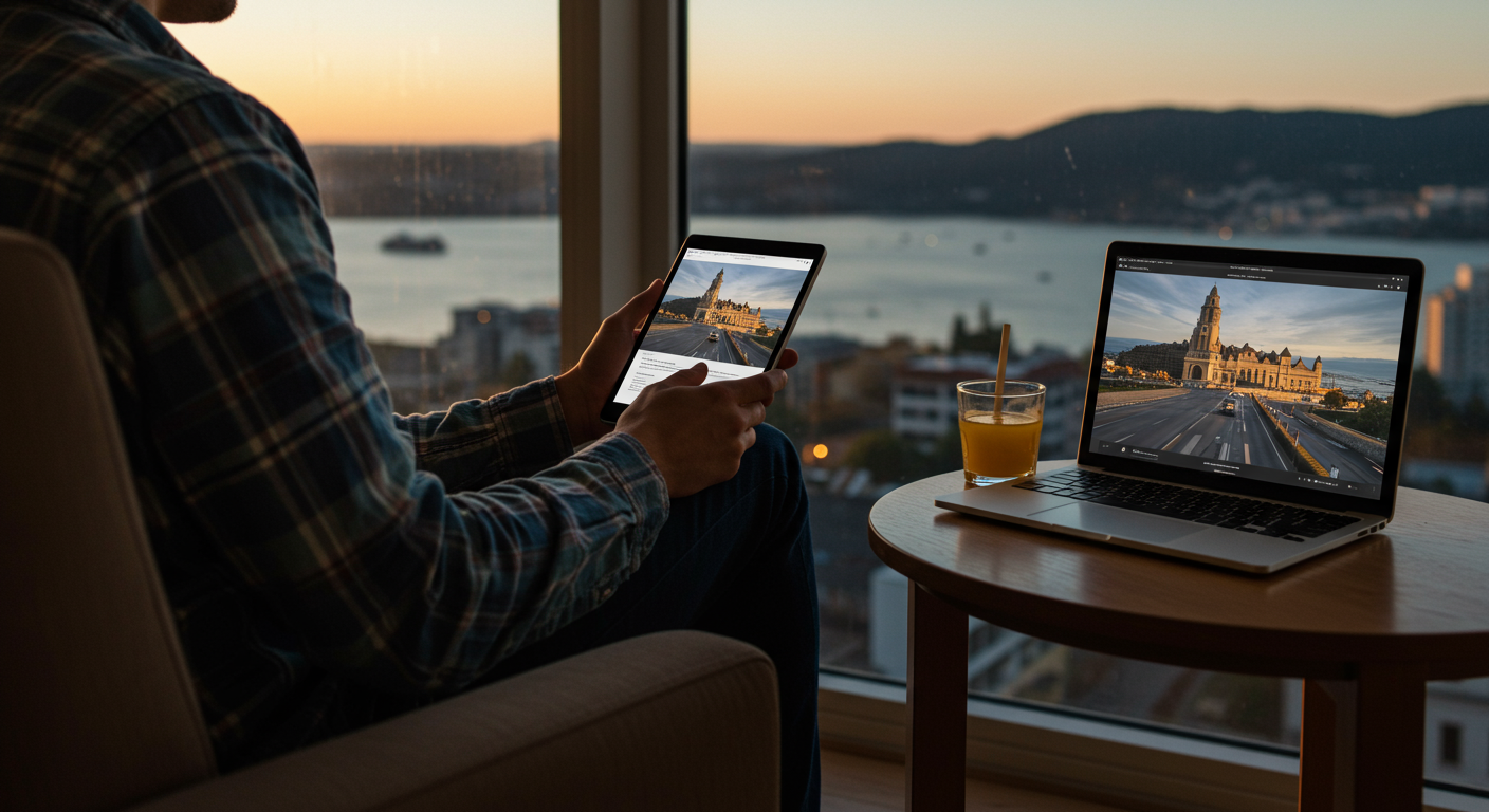 Hotel booking tips: A business traveler reviews hotel deals on a tablet in a hotel room, focusing on saving money and finding the best deals.