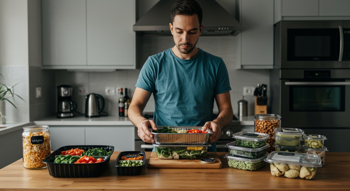 Professional vegan meal prep illustration showing organized containers with plant-based meals, emphasizing efficiency and health